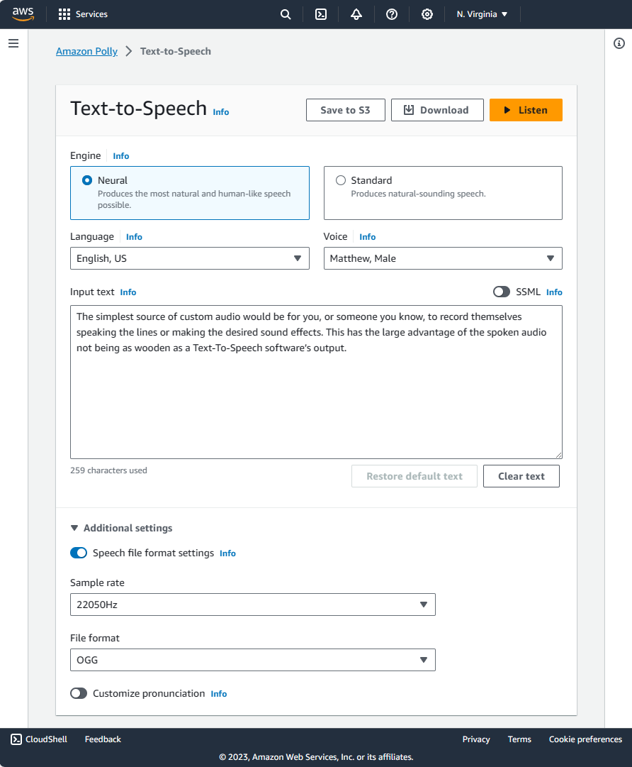 Amazon Text-To-Speech Software Interface